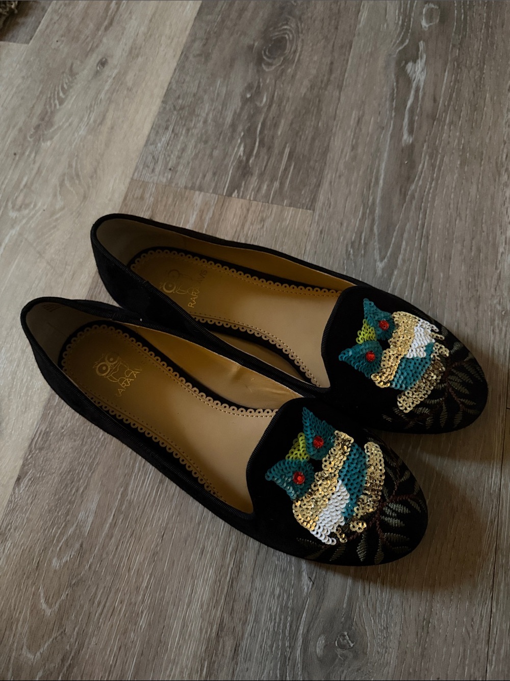 Rara Avis Black Sequin Owl Slip-On Loafers for Women - Picture 2 of 6